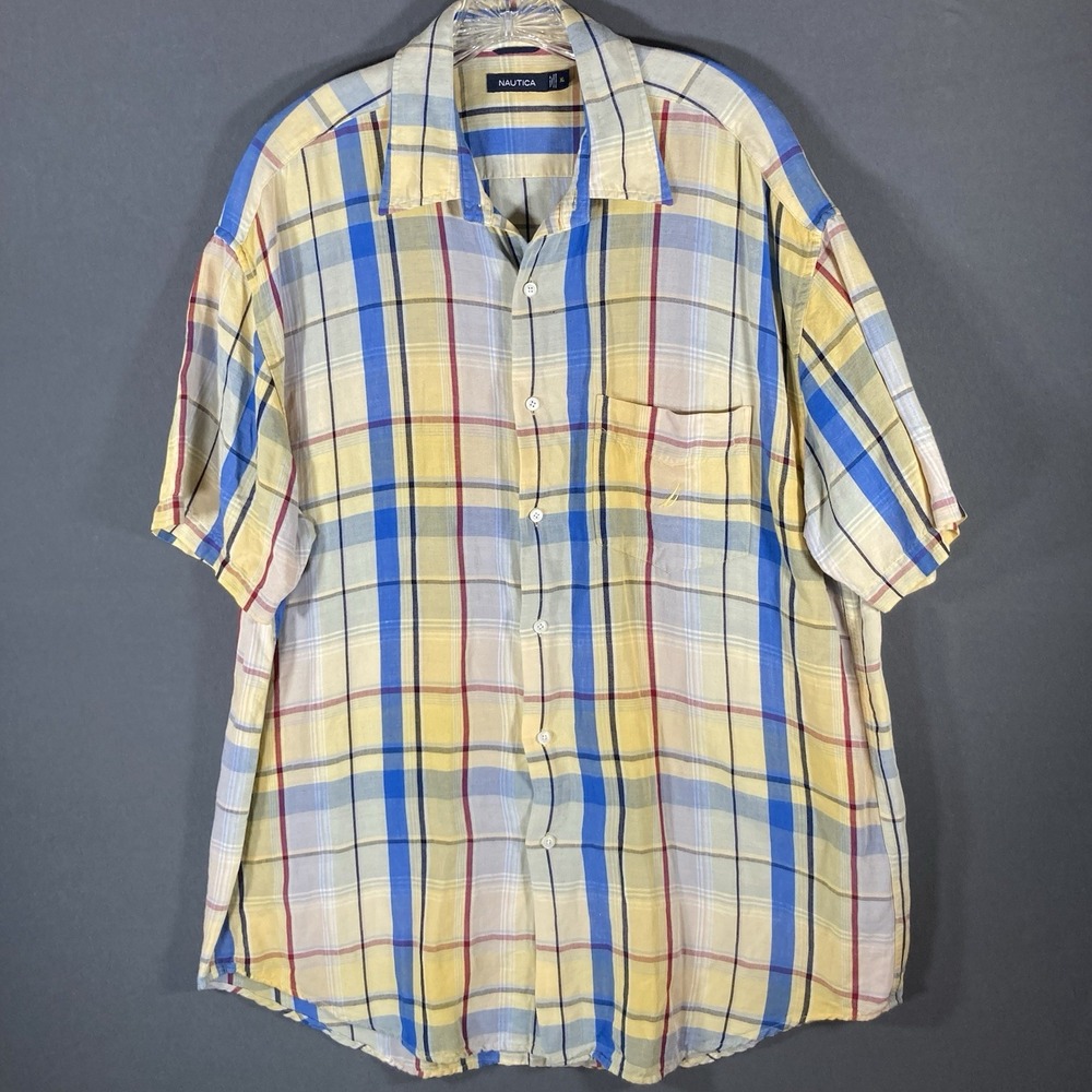 Nautica Mens Linen Shirt XL Plaid Short Sleeve Button Up Casual